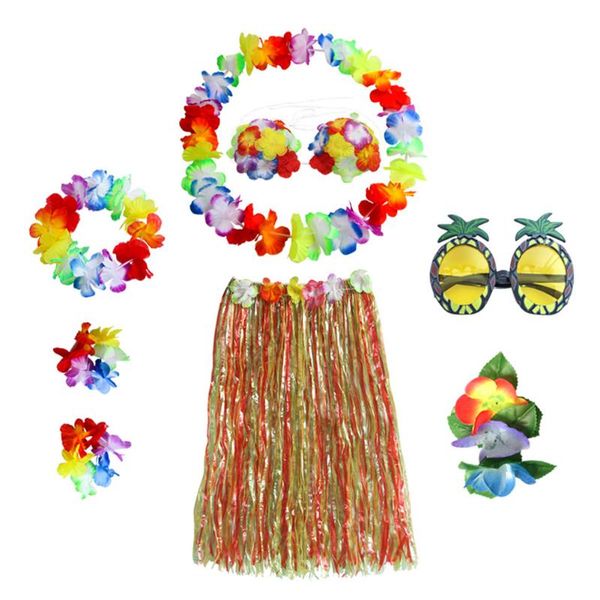 

8pcs 60cm girl costume pgraphy props flower garland holiday party supplies headbands necklaces hawaiian skirt set sand beach, White