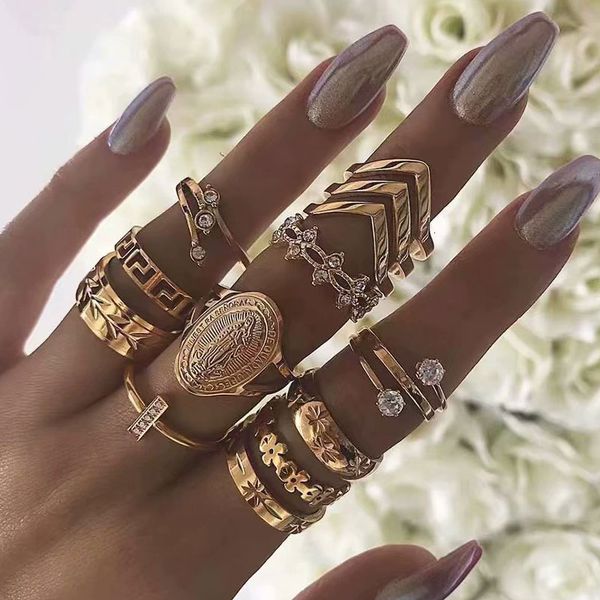 

bohemian retro hollow joint ring for women boho crystal pattern floret leaves snake 13 pcs/set knuckle ring jewelry accessories, Golden;silver