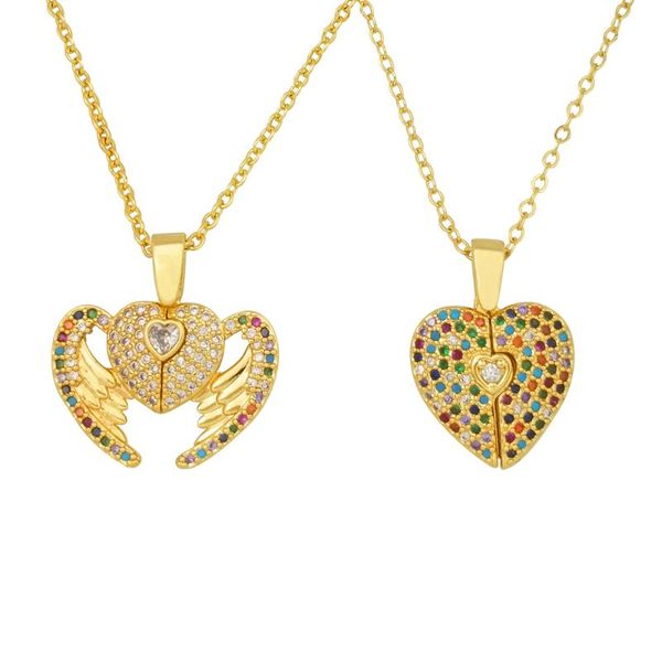 

rainbow heart angel wings necklace women 24k gold jewelry cubic zirconia deformable love heart pendant necklace collier coeur, Silver