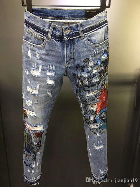 

2019 season new men's jeans without elastic full-width printing multiple holes feature foot slim casual wild fashion trend, Blue