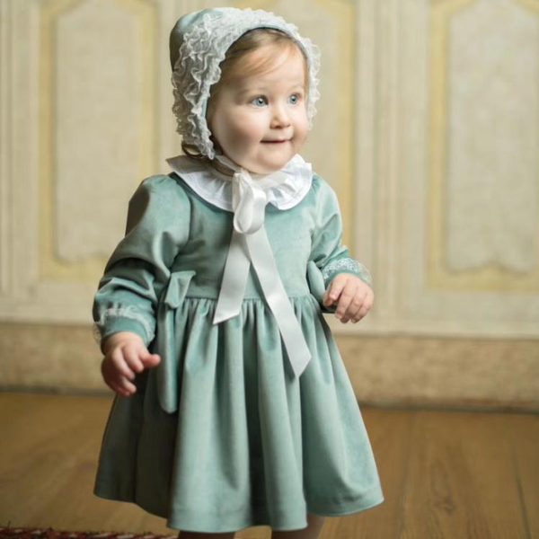 

spanish children dress baby girl princess dresses hat cotton long sleeve green velvet dress for autumn winter, Red;yellow