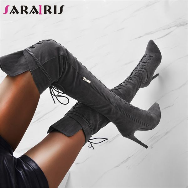 

sarairis new ins 35-47 lace-up over the knee knight boots lady thigh high boots women 2019 party high heels shoes woman, Black