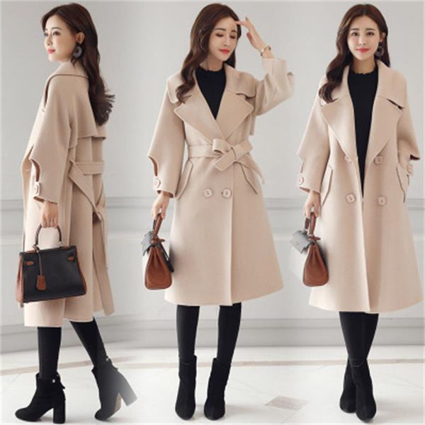 

female double-breasted overcoat long sleeve turn-down collar slim fit women army green woolen coats spring windproof warm jacket, Black