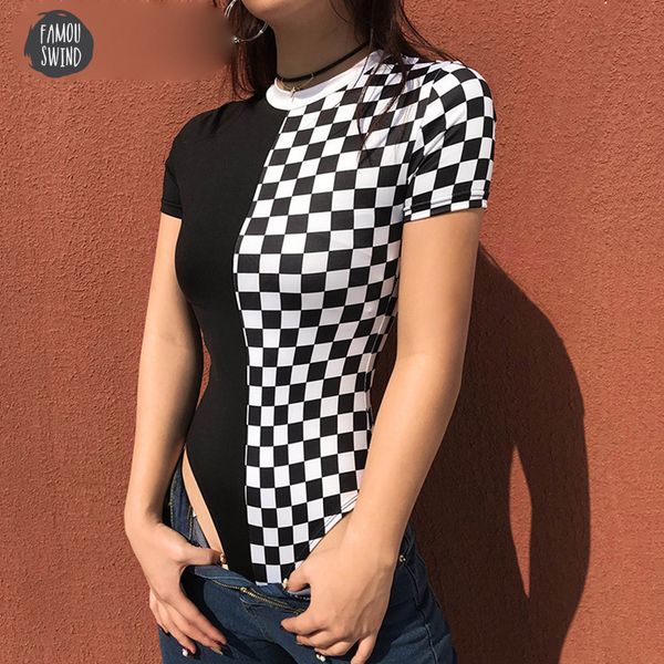 

suits short sleeve womens bodysuit patchwork black checkerboard femme bodysuits skinny plaid fashion body checkered drop shipping, Black;white