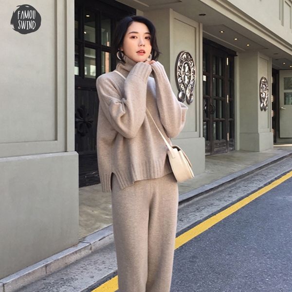 

spring autumn turtleneck tracksuit knitted sweatshirts women suit clothing piece set knit pant female pants suit d226, White