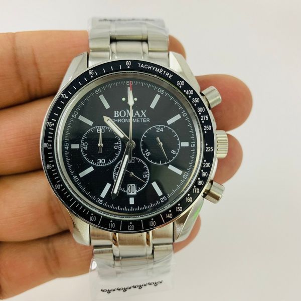 

watch men 42mm chronograph luminous japan miyota os20 movement quartz date steel strap bracelet black bezel waterproof watch b1, Slivery;brown