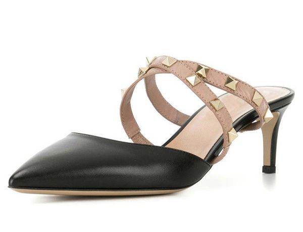 

горячие sale-оптовые 2018 модная обувь сша размер 5-15 для женщин заклепки шипованные сандалии с острым носом тонкие каблуки надевают мулов, Black