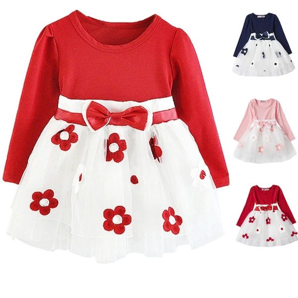 

2019 winter long sleeve baby girls dress for girl christening birthday 0 2t newborn toddler dress kids casual wear daily clothes, Red;yellow