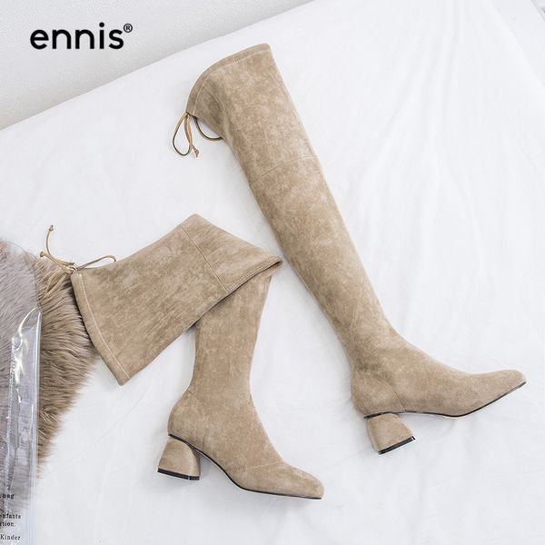 

ennis 2019 chunky high heel over knee boots womens laces knee high boots suede flock shoes kahki black female winter l816