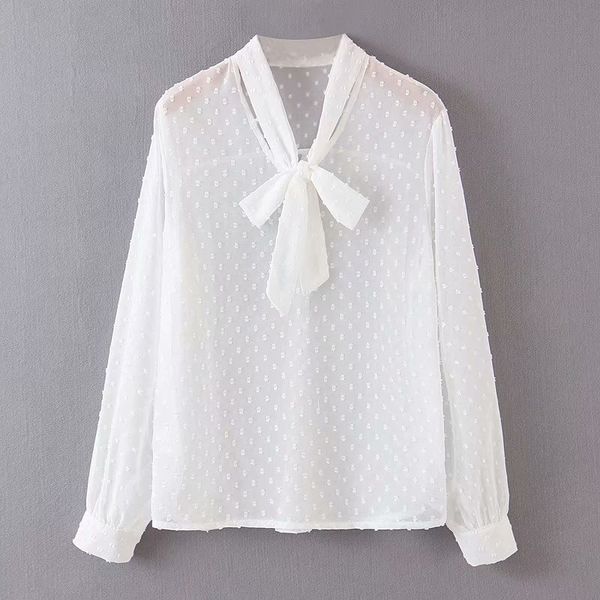 

2019 autumn europe and america women's dress new style tulle bowtie long sleeve white shirt 2320