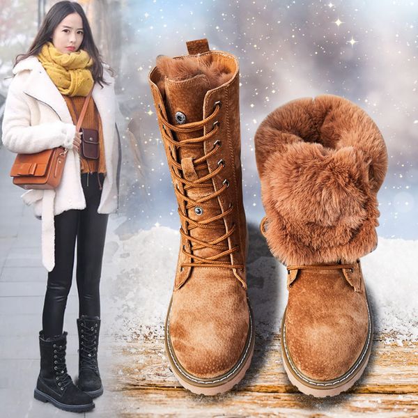 

winter england styles fur boots ladies low heels platform knee high snow boots women 2020 warm fur genuine leather shoes ladies, Black