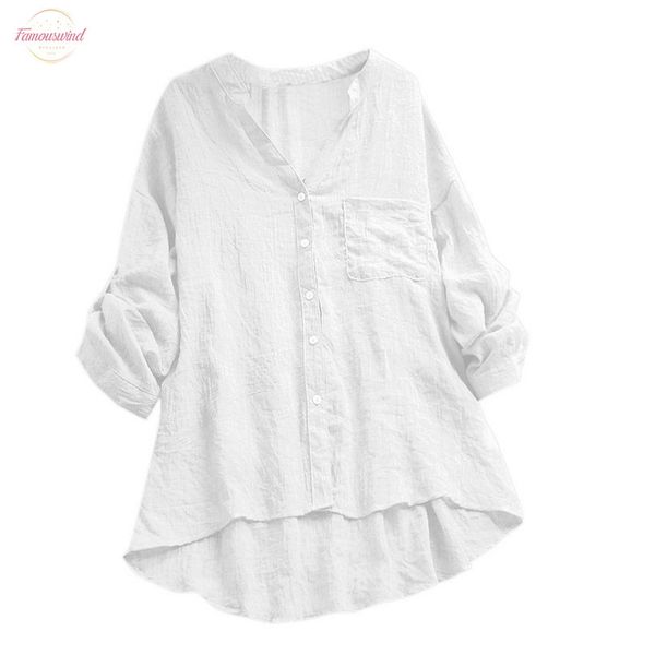 

summer fashion botton shirt 2xl new cotton linen casual see through long sleeve v neck pocket blouse wholesale n4, White