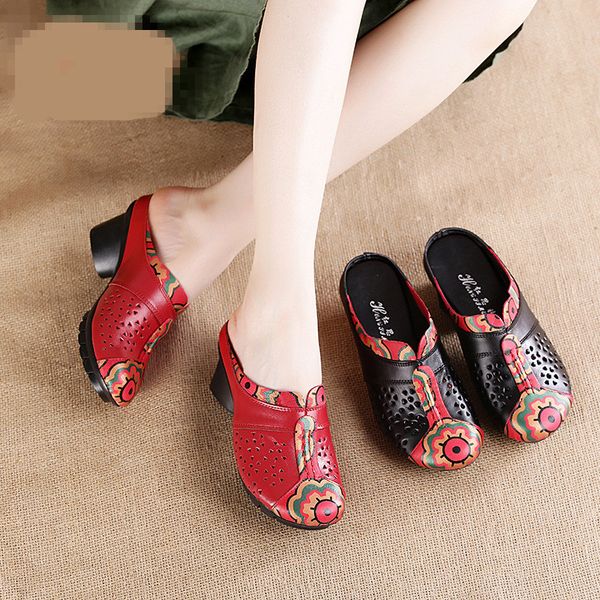 

med flat shoes female genuine leather slippers women summer square heel slides block rubber soft basic scandals hoof heels, Black