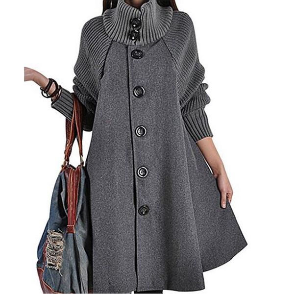 

new women's mid long single breasted cowl neck loose woolen cloak coat, Black
