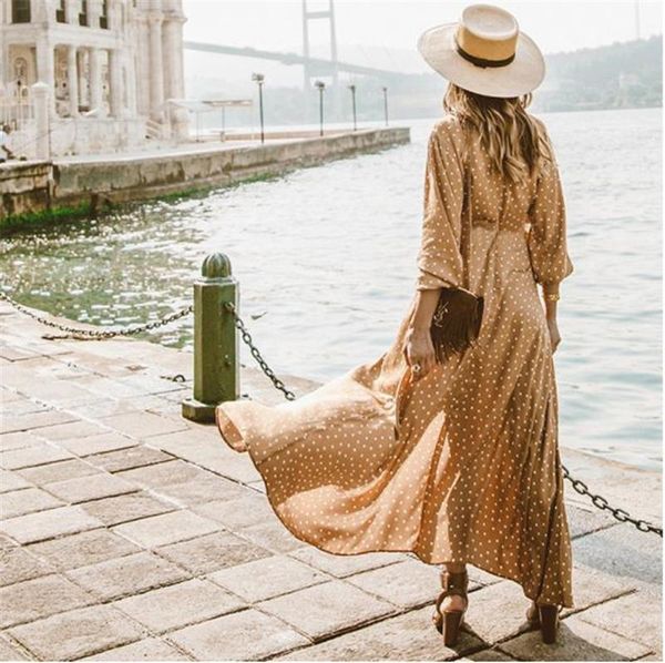 

polka dot print long sleeve summer dresses female clothing womens v neck split maxi dresses, Black;gray