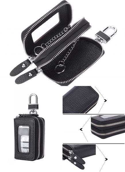 

black style short style double zipper see-through car key manager keychain multifunctional cowhide door key case