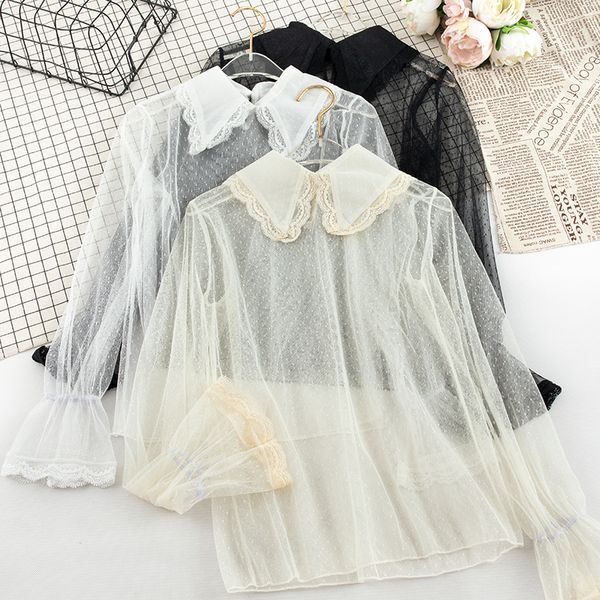 

women autumn flare sleeve basic peter pan collar polka dot mesh gauze ruffles shirt vintage slim elastic pullover blouse, White