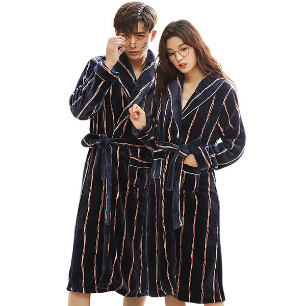 

new winter robes thick warm flannel couple pajamas long sleeve striped casual soft loose plus size -3xl lovers bathrobe pijamas, Black;red