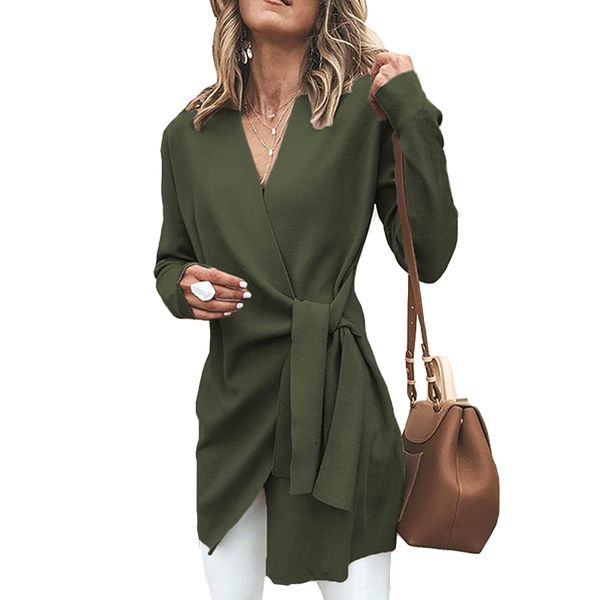 

fashion tie up long coats women wool blend slim v neck coat outwear solid winter warm cashmere jackets chamarras de mujer, Black