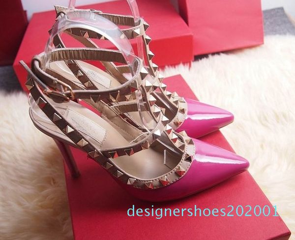 

big size 2018 designer 8cm 10cm gladiator high heels women nude black spikes t-strap pump patent leather stud lady shoes summer d01