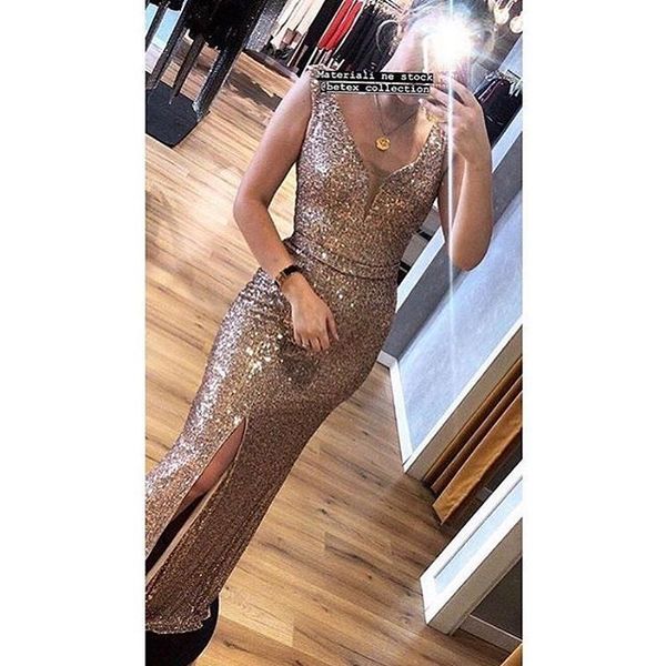 

2019 Vintage Split Sequined Evening Dress Floor Length Sheath Formal Party Prom Gowns Applique Illusion Sleeveless