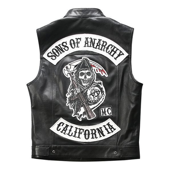 

men's leather & faux 2021 genuine vest skull embroidery sheepskin summer brand waistcoat sleeveless jackets for male, Black