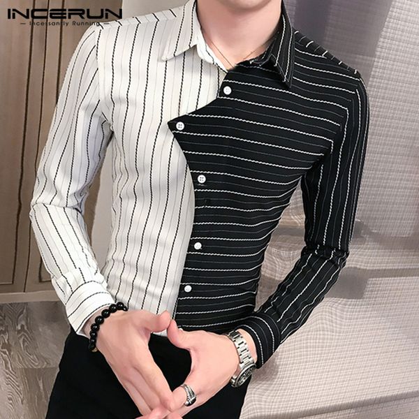 

incerun men dress shirt personality striped patchwork fitness lapel long sleeve brand camisa fashion party clubwear shirt hombre, White;black