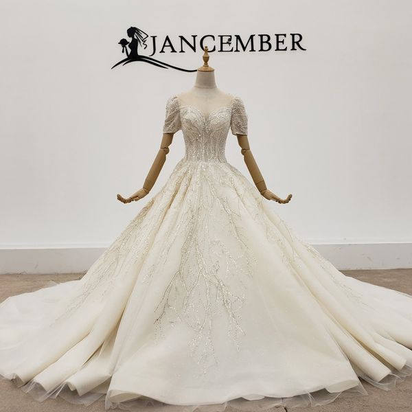

new o-neck ball gown wedding dress 2020 pearl sequined crystal beaded short sleeves lace up back sheer neck elegant white latest bride dress