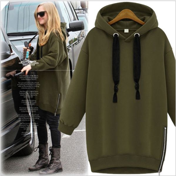 

3 colors black,army green and gray hoodies women warm sweatshirts green side zipper hooded long sleeve plain hoodie pullover