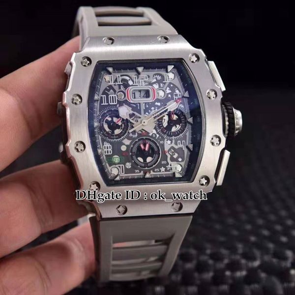 

904l steel case 11-03 flyback chrono skeleton dial miyota automatic mens watch gray rubber strap sport watches 12 colors, Slivery;brown