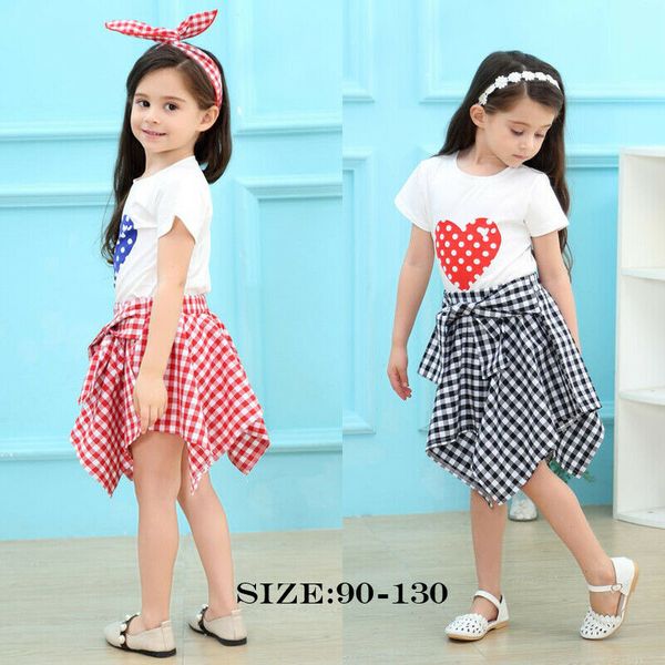 

новые малыша детская девочка летние топы футболка клетчатая юбка 2шт наряды одежда, White