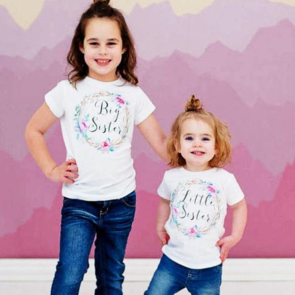 

2018 new floral printing big sister t-shirt litter sister romper clothes short sleeve, Blue