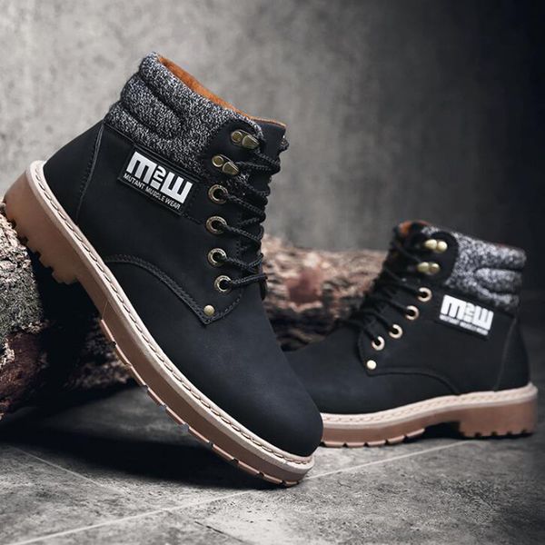 

men boots 2018 new arrivals lace-up high men winter shoes flat non-slip snow boots autumn ankle, Black