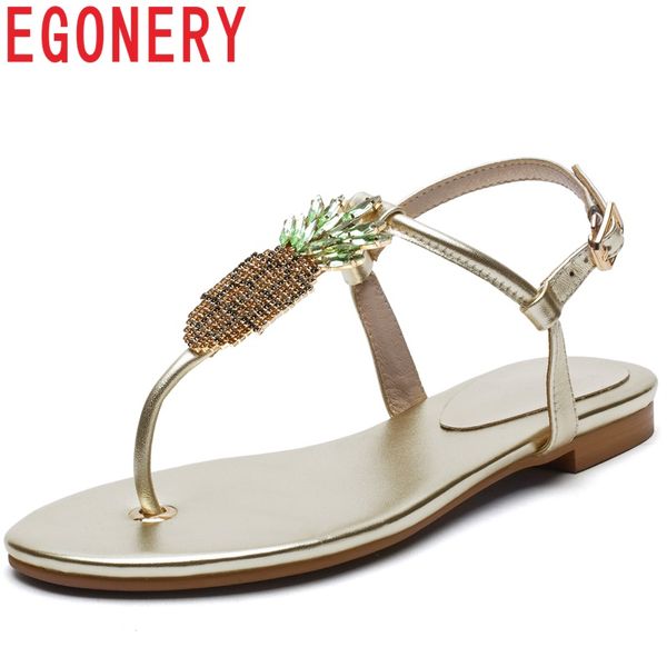 

egonery crystal pineapple genuine leather t-strap women sandals summer beach buckle strap flat shoes cut irl gold black shoes
