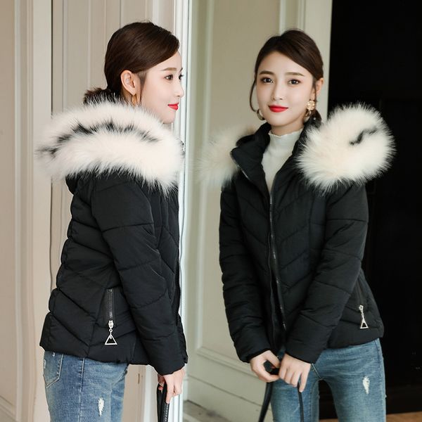 

winter parkas coats 2020 new women's coat jackets hooded fur collar slim short women's winter warm parkas coat jacket, Black