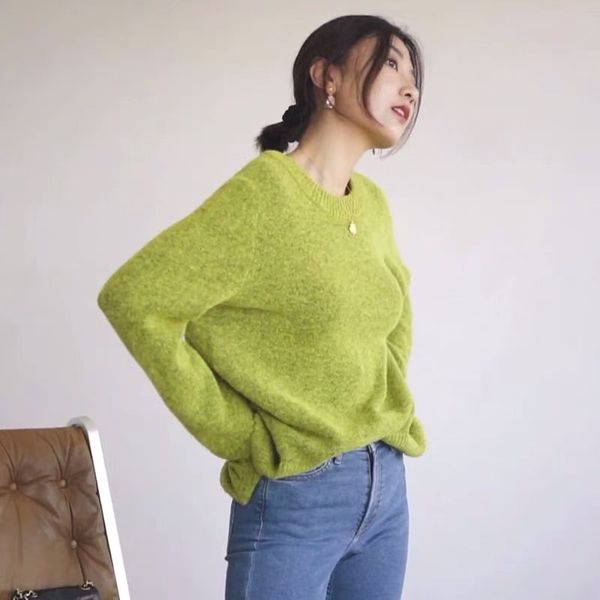 

women sweater 2019 autumn and winter new products yellow green sweater wool round neck women's, White;black