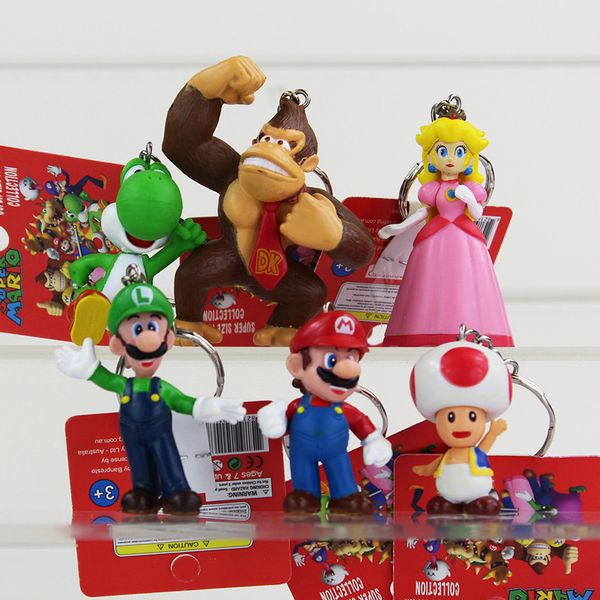 

6pcs/lot classic super mario bros figure with keychain mario luigi yoshi peach goomba king kong pvc action toys, Silver