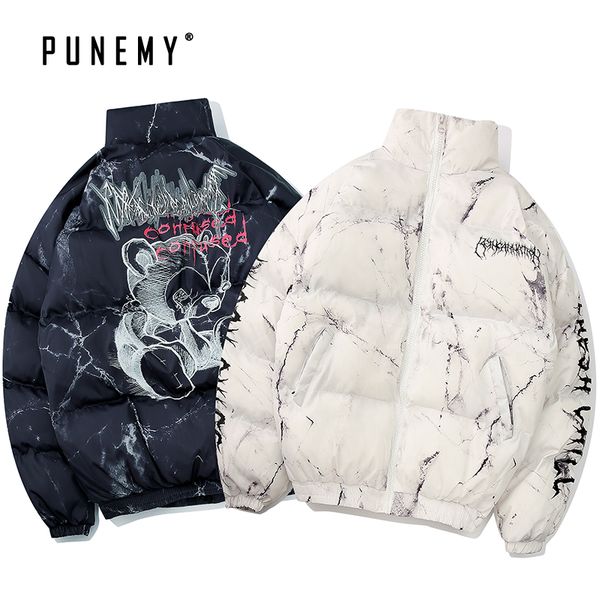 

men winter parkas coats windbreaker retro marble cartoon pattern hip hop 2019 north canada bomber stand collar men's parka coats, Black