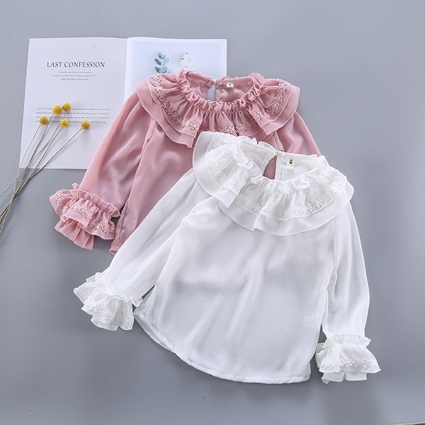

new girl shirts 2019 spring summer fashion white pink color baby girls lace blouses cute long sleeve ruffle kids clothes t200229, White;black