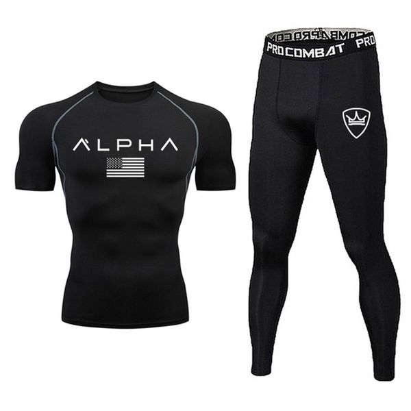 

2pcs/sets brand men sports suits quick dry compression t shirt running set joggers trained sets gym fitness tracksuit sportswear