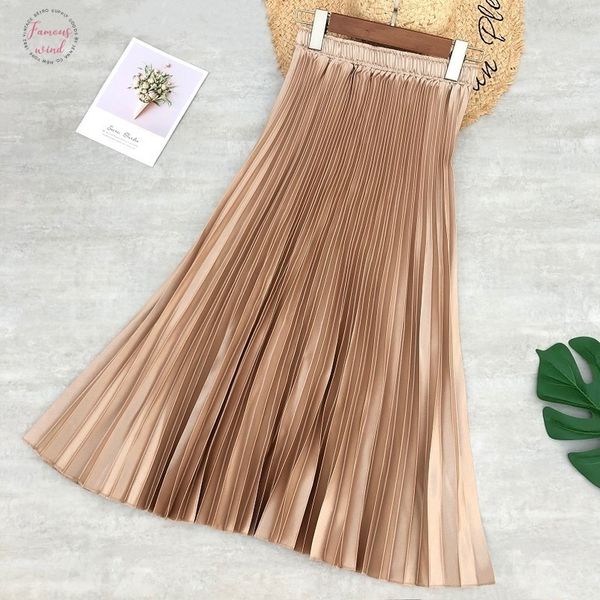 

весна женщины midi юбки metallic цвет блестящий плиссированные юбки сплошной цвет серебро золото длинные юбки атласная юп офис леди, Black