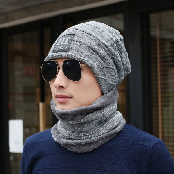 

new nc strip plush thick warm hat+collar two pc sets women men winter cold wear caps scarf boys girls knit beanies accessories