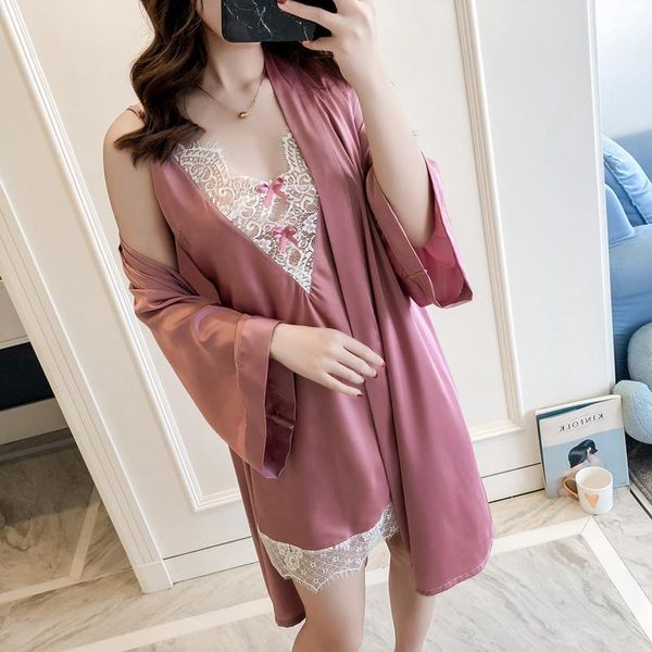 

female robe set summer sleepwear lace nightgown satin kimono bathrobe bride bridesmaid wedding dressing gown -xl, Black;red