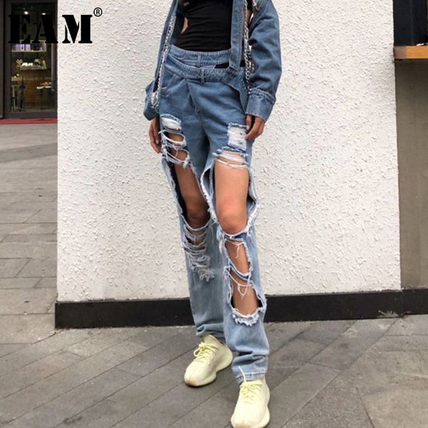 

eam] hollow out personality long wide leg jeans new high waist loose women trousers fashion tide spring autumn 2020 1u991, Blue