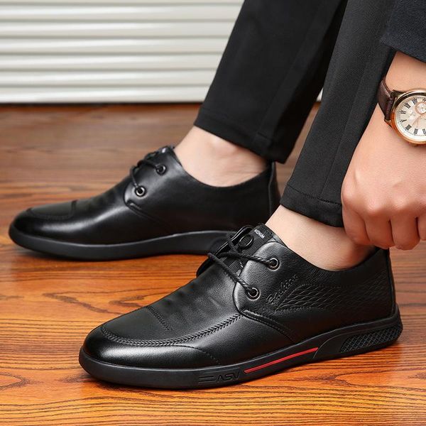 

casual shoes 2019 new head layer leather men's shoes middle-aged and old wear-resistant round head breathable shoes, Black