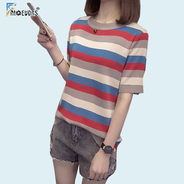 

women's sweaters 2021 summer short sleeve knitted women fashion casual loose plus size striped knit sweater pullover f012, White;black