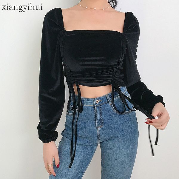 

ретро женщины бархатные футболки женские с длинным рукавом квадратный воротник бандаж футболки повседневная черный короткий узор топы высоко, White