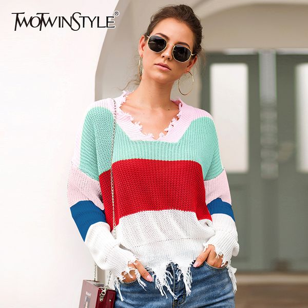 

twotwinstyle hit color knitting women sweater v neck batwing sleeve pullovers tassel striped sweaters female 2019 fashion new, White;black