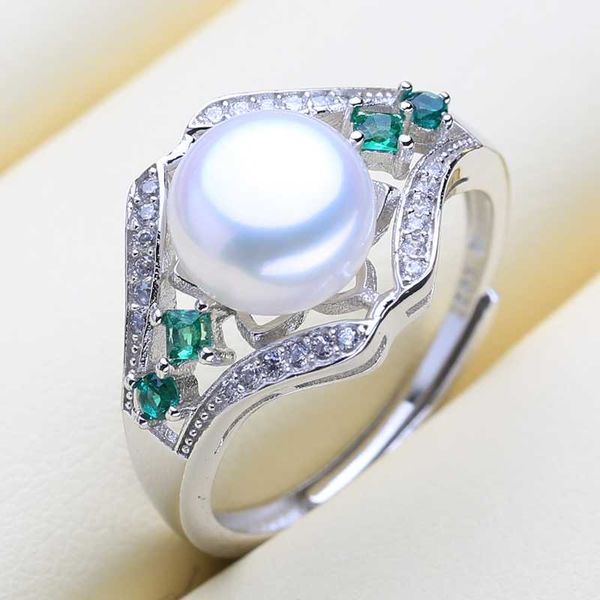 

mintha trendy green stones crown female 25 sterling silver ring with pearl genuine natural freshwater pearl rings for women, Golden;silver