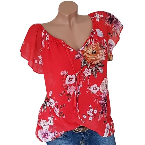 

женский цветочный принт с v-образным вырезом с коротким рукавом плюс размер свободный пуловер шифоновая блузка, White